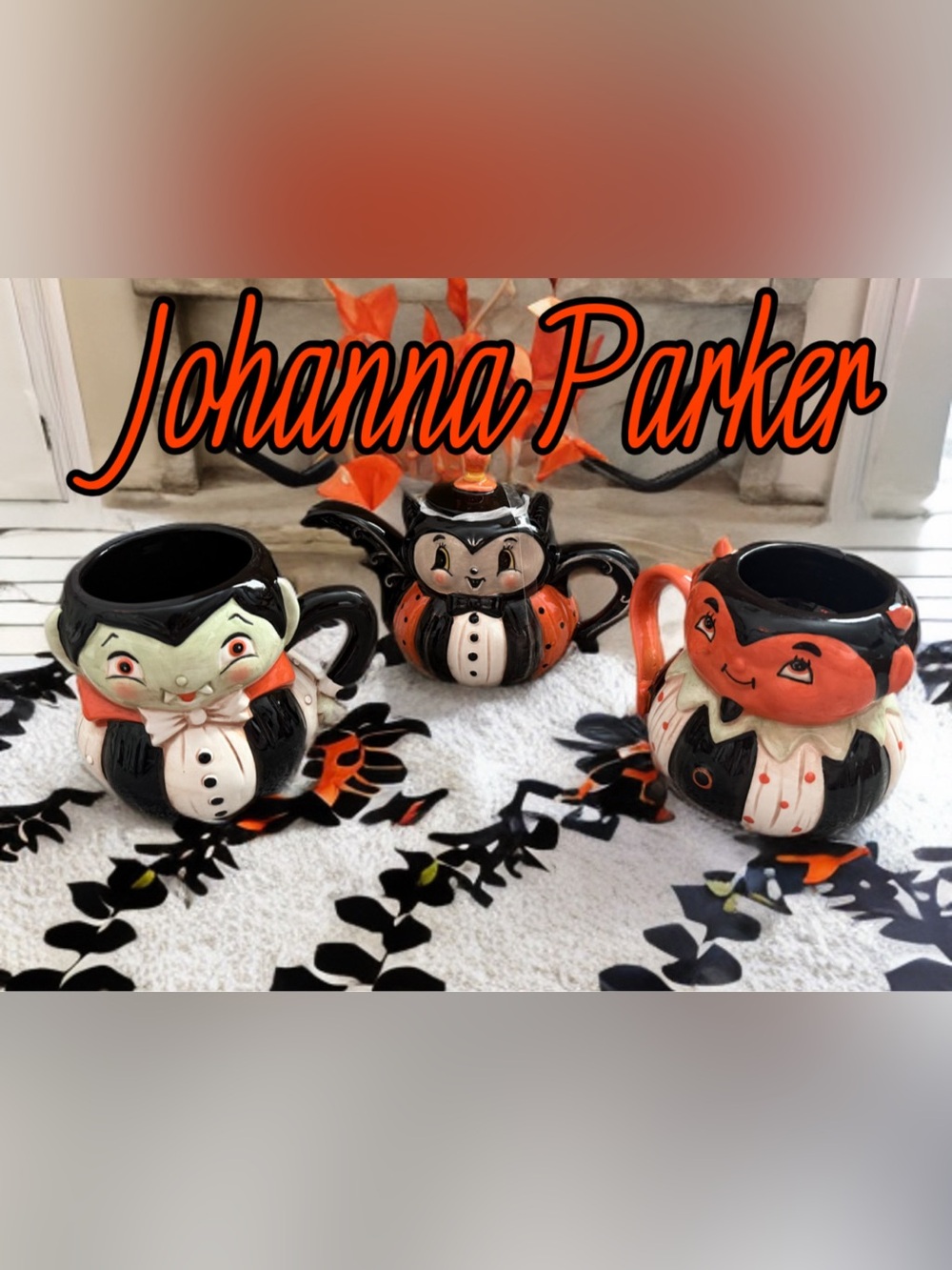 Vintage Style Johanna Parker Halloween Ceramic Mugs & Teapot- Vampire Bundle 3